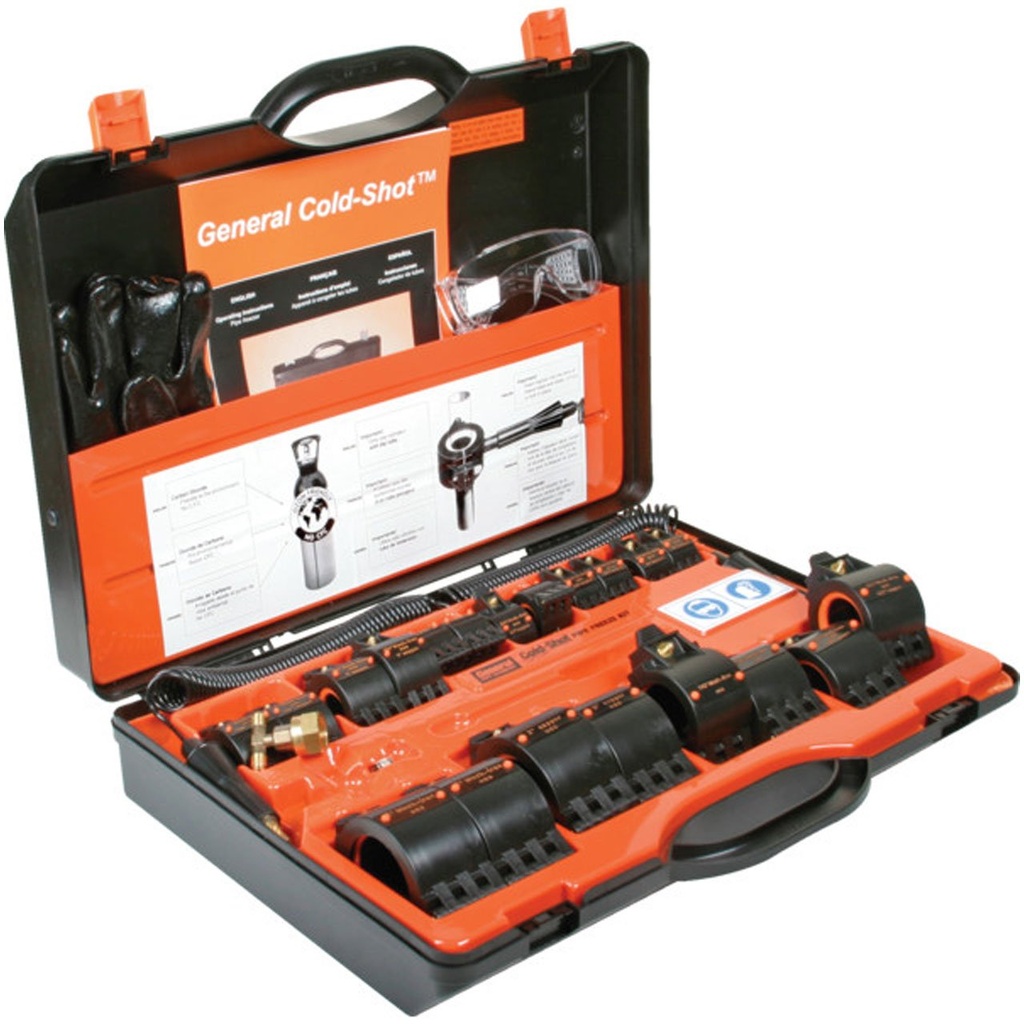 ColdShot Pipe Freeze Kit (includes: 10 Sets of Freeze Heads for 1/8" 2" lines, Two High Pressure Spiral Hoses w/Grips & Injectors, TDistributor, Locking Nut, Hex Head Screwdriver, Rubber Gloves, Goggles, Carrying Case)